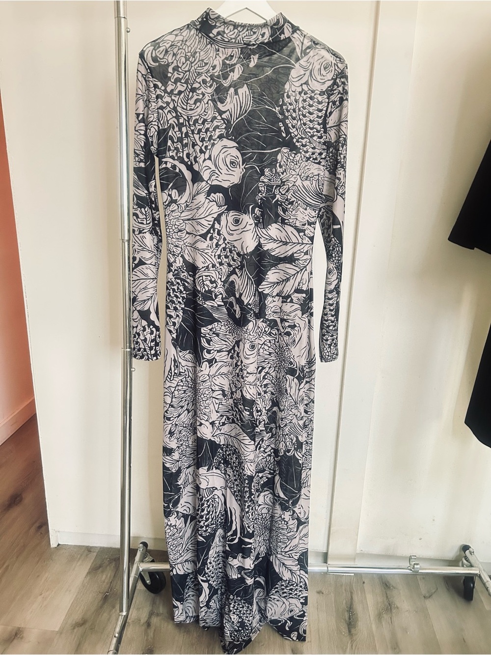 Long Sleeve Black & White Floral Maxi Dress- SHEER